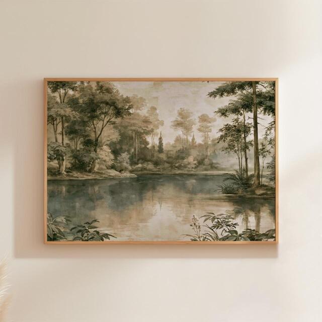 Forest Lake Poster, Sepia Woodland Wall Art, Nature Landscape Print - image 1