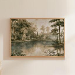 Forest Lake Poster, Sepia Woodland Wall Art, Nature Landscape Print - thumbnail 1
