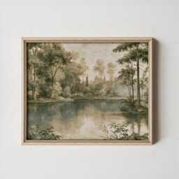 Forest Lake Poster, Sepia Woodland Wall Art, Nature Landscape Print - thumbnail 3