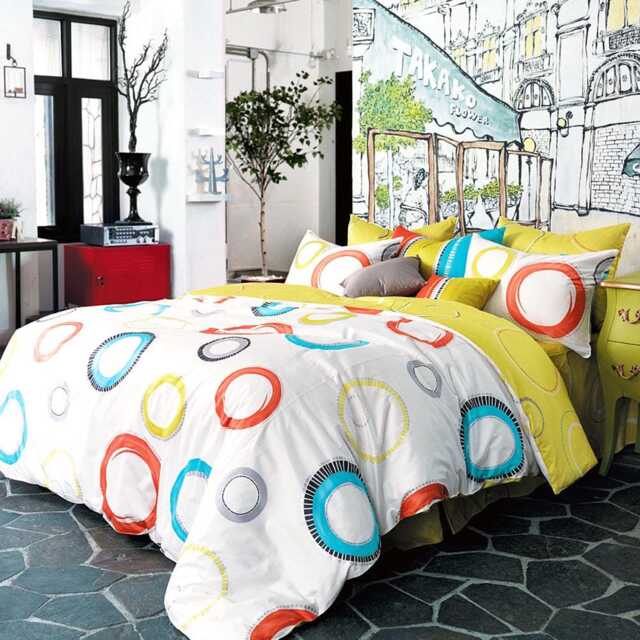 Colorful Circles Queen Sheet Set, Mustard Yellow, 100% Cotton - image 1