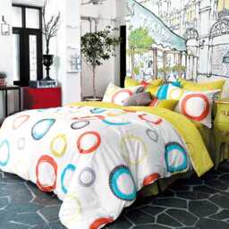 Colorful Circles Queen Sheet Set, Mustard Yellow, 100% Cotton