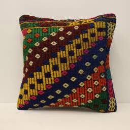 Vintage Turkish Kilim Pillow Cover, Rustic Woven Wool Cushion - 18x18 Inches - thumbnail 1