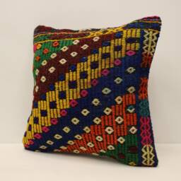 Vintage Turkish Kilim Pillow Cover, Rustic Woven Wool Cushion - 18x18 Inches - thumbnail 3