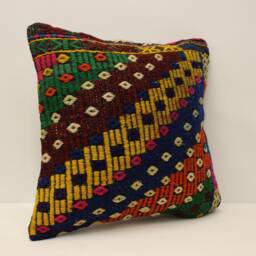 Vintage Turkish Kilim Pillow Cover, Rustic Woven Wool Cushion - 18x18 Inches - thumbnail 2