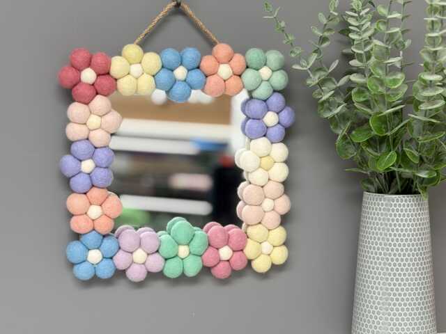 Pom Flower Wall Mirror, Wool Felt Rainbow Poms, Nursery Decor, Square Mirror - image 1