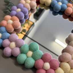 Pom Flower Wall Mirror, Wool Felt Rainbow Poms, Nursery Decor, Square Mirror - thumbnail 4