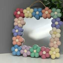 Pom Flower Wall Mirror, Wool Felt Rainbow Poms, Nursery Decor, Square Mirror - thumbnail 3