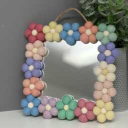Pom Flower Wall Mirror, Wool Felt Rainbow Poms, Nursery Decor, Square Mirror - thumbnail 2