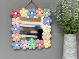 Pom Flower Wall Mirror, Wool Felt Rainbow Poms, Nursery Decor, Square Mirror - thumbnail 1