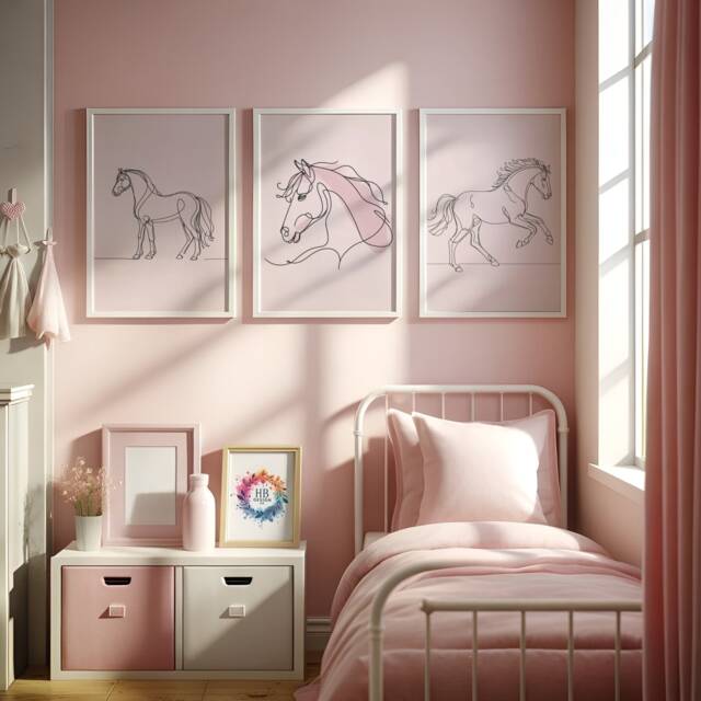 Horse Nursery Wall Art - Pink Set Of 3 Horses Posters - Kids Pony Print Girls Room Decor Girl Bedroom Prints Playroom Artwork Gifts - image 1