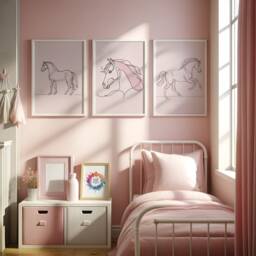 Horse Nursery Wall Art - Pink Set Of 3 Horses Posters - Kids Pony Print Girls Room Decor Girl Bedroom Prints Playroom Artwork Gifts - thumbnail 1