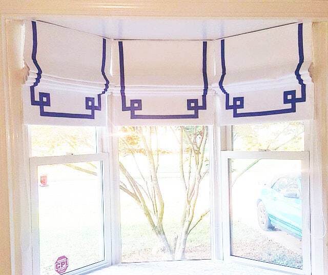 Custom White Roman Shade, Purple Greek Key Border, Window Treatment - image 1