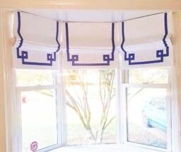 Custom White Roman Shade, Purple Greek Key Border, Window Treatment
