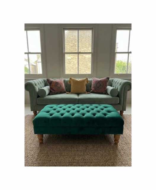 Handmade Deep Tufted Plush Velvet Footstool - Natural Gloss Wooden Legs Footrest, Coffee Table - image 1