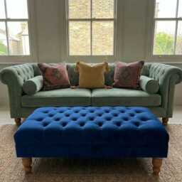 Handmade Deep Tufted Plush Velvet Footstool - Natural Gloss Wooden Legs Footrest, Coffee Table - thumbnail 2