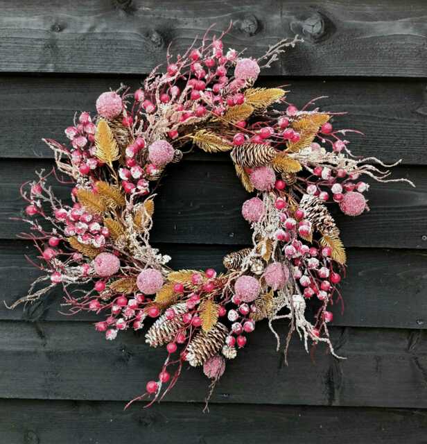 Gold & Red Berry Christmas Wreath Contemporary Holiday Decor