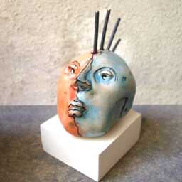 Handmade Ceramic Punk Head Sculpture, Anarchy Art Desk Decor - thumbnail 2
