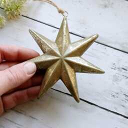 Gold 7-Point 3D Wooden Hanging Star Decoration - Rustic Shabby Ornament Christmas - thumbnail 2