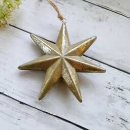 Gold 7-Point 3D Wooden Hanging Star Decoration - Rustic Shabby Ornament Christmas - thumbnail 1