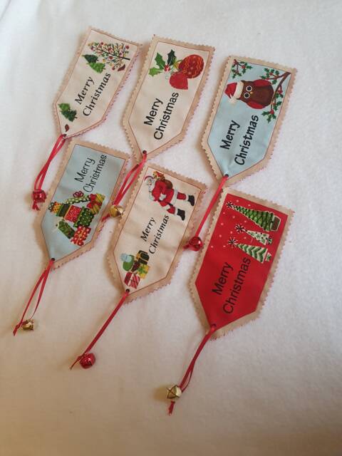 Fabric Christmas Gift Tags With Jingle Bell Ribbon, Set Of 6 - image 1