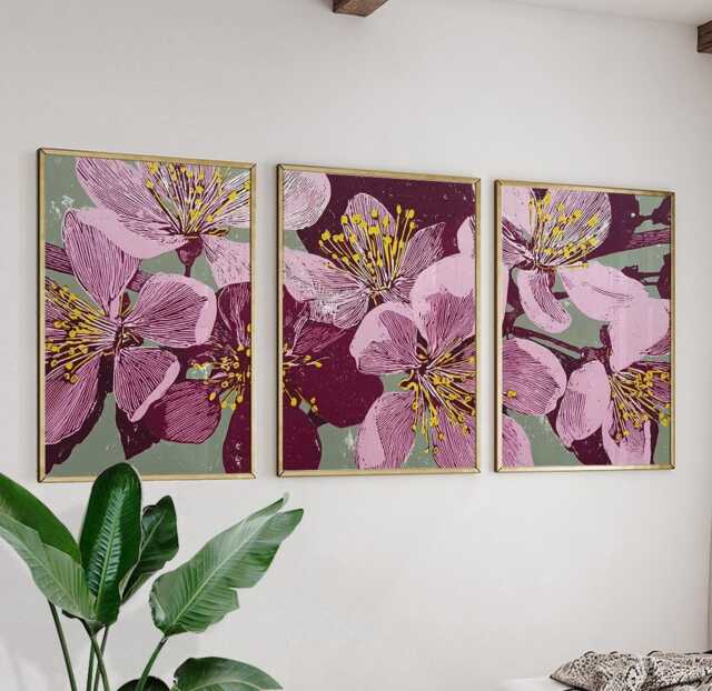 Cherry Blossom Poster Set Of 3 Graphic Floral Style Wall Art - image 1