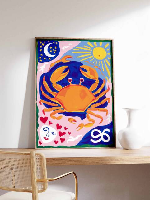 Cancer Poster, Star Sign Zodiac Print, Birthday Gift, Celestial Astrology Art, Boho Decor, Bedroom Spiritual Wall Art - image 1