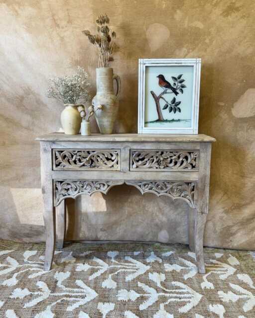 Hand-Carved Mango Wood Console Table - Sandblasted Natural Finish With Two Drawers - image 1