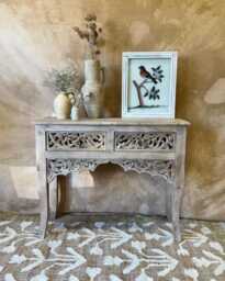 Hand-Carved Mango Wood Console Table - Sandblasted Natural Finish With Two Drawers