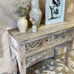 Hand-Carved Mango Wood Console Table - Sandblasted Natural Finish With Two Drawers - thumbnail 3