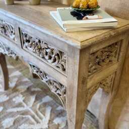 Hand-Carved Mango Wood Console Table - Sandblasted Natural Finish With Two Drawers - thumbnail 2