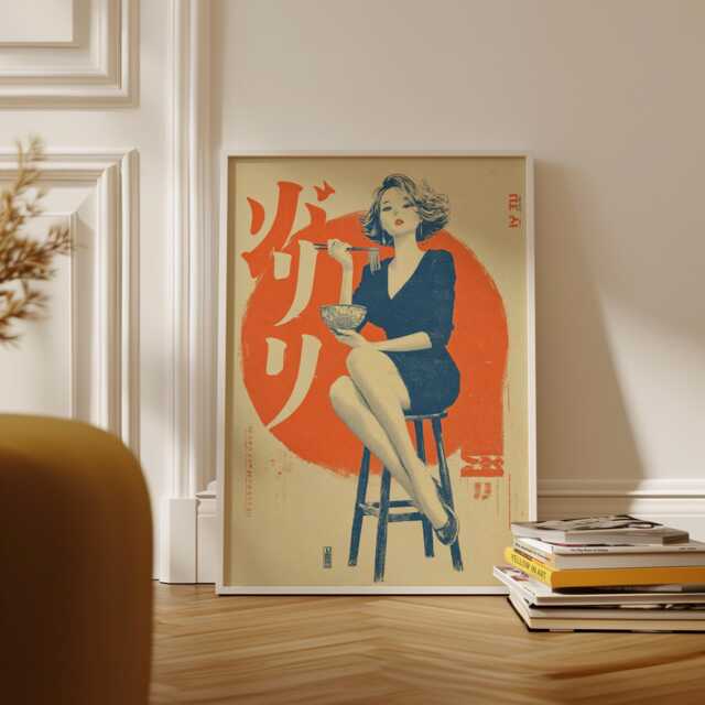 Japanese Pop-Art Print With Seated Woman Illustration in Orange & Navy Tones - image 1