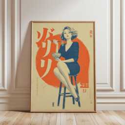 Japanese Pop-Art Print With Seated Woman Illustration in Orange & Navy Tones - thumbnail 2