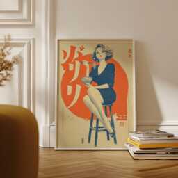 Japanese Pop-Art Print With Seated Woman Illustration in Orange & Navy Tones - thumbnail 1