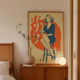 Japanese Pop-Art Print With Seated Woman Illustration in Orange & Navy Tones - thumbnail 3