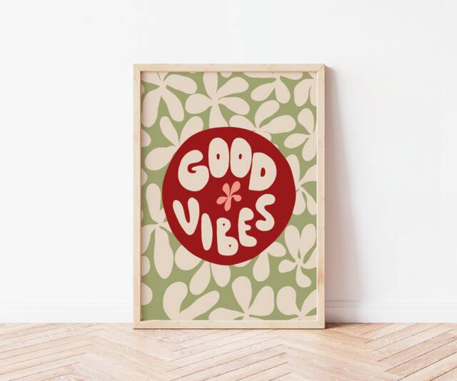 Good Vibes Retro Print, Floral, Colourful, Eclectic, Quirky Home Decor, Gallery Wall Art, Portrait, Cute, Funky Gift, Aesthetic Decor - image 1