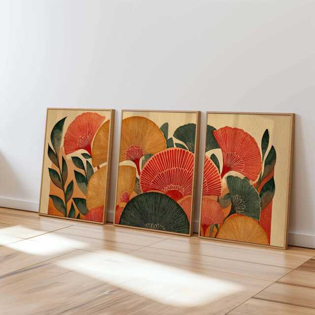 Retro Floral Wall Art Set Of 3, Mid Century Modern Botanical Prints, Warm Earth Tone Flower For Living Room Or Bedroom Decor - image 1