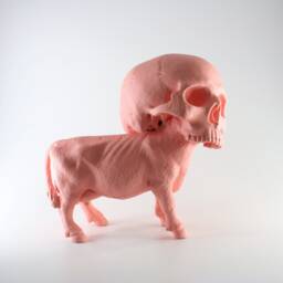 Peach Cow Skull Hybrid Sculpture Handmade Oddity Art - thumbnail 1