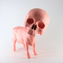 Peach Cow Skull Hybrid Sculpture Handmade Oddity Art - thumbnail 4