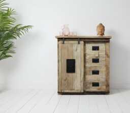 Industrial Iron & Wood Storage Cabinet-Rustic Sideboard 4 Drawers Sliding Door & Shelved Cupboard-W89cm-Hallway Dining Living Room Lounge - thumbnail 1