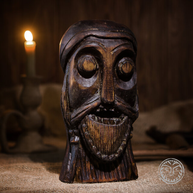 Hand Carved Wooden Viking Warrior Head, Norse Decor - image 1