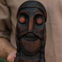 Hand Carved Wooden Viking Warrior Head, Norse Decor - thumbnail 4