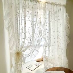 Romantic Sheer Curtain Floral Ruffle Lace Window Panel - thumbnail 2