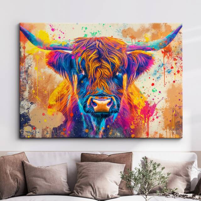 Highland Cow Rainbow Animal Pet Art Abstract Oil Painting Framed Poster Print & Canvas Wall Decor Bedroom Home Interior Gift - image 1