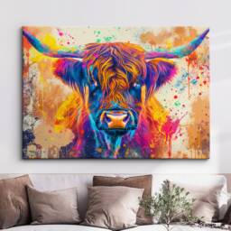 Highland Cow Rainbow Animal Pet Art Abstract Oil Painting Framed Poster Print & Canvas Wall Decor Bedroom Home Interior Gift - thumbnail 1