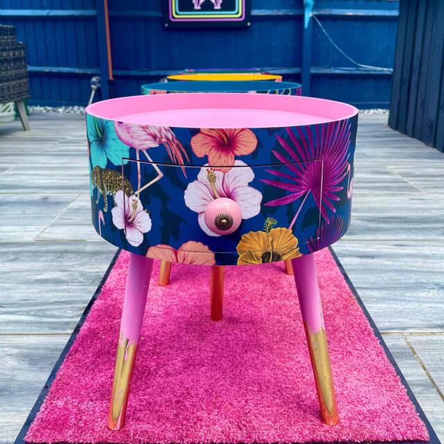 Round Bedside Table Pink & Navy. Colourful Cute Design, Fully Customisable. Ideal As Nightstand Or Side Table. Wooden With Drawer - image 1