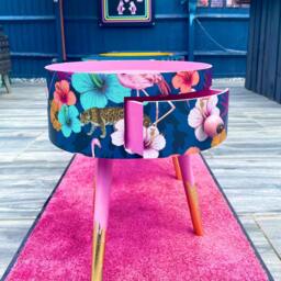 Round Bedside Table Pink & Navy. Colourful Cute Design, Fully Customisable. Ideal As Nightstand Or Side Table. Wooden With Drawer - thumbnail 2