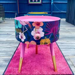 Round Bedside Table Pink & Navy. Colourful Cute Design, Fully Customisable. Ideal As Nightstand Or Side Table. Wooden With Drawer