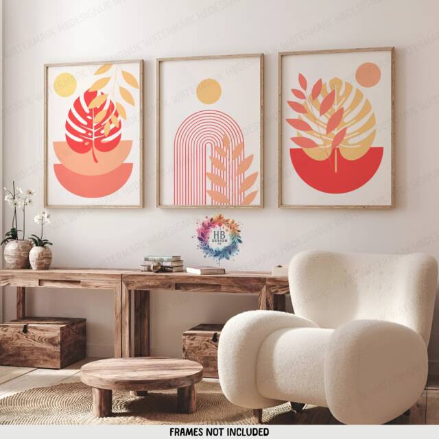 Orange Boho Prints - Set Of 3 Wall - Yellow Decor Living Room Posters Bedroom Artwork Home Hangings Botanicals - image 1