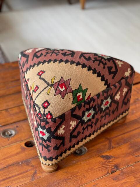 Vintage Kilim Ottoman Stool, Triangle Beech Wood Foot Rest - image 1