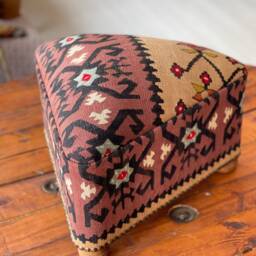Vintage Kilim Ottoman Stool, Triangle Beech Wood Foot Rest - thumbnail 2